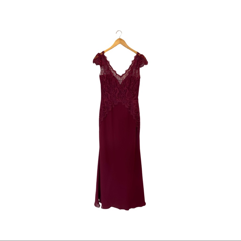 Burgundy lace overlay cap sleeve gown